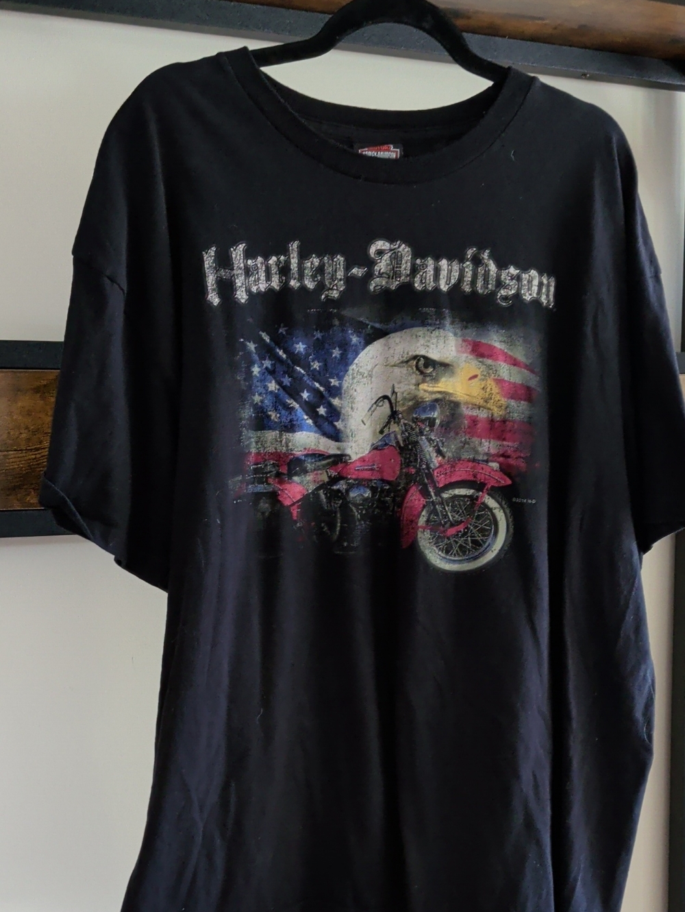 Harley-Davidson Black Tee with Red Motorcycle and American Eagle